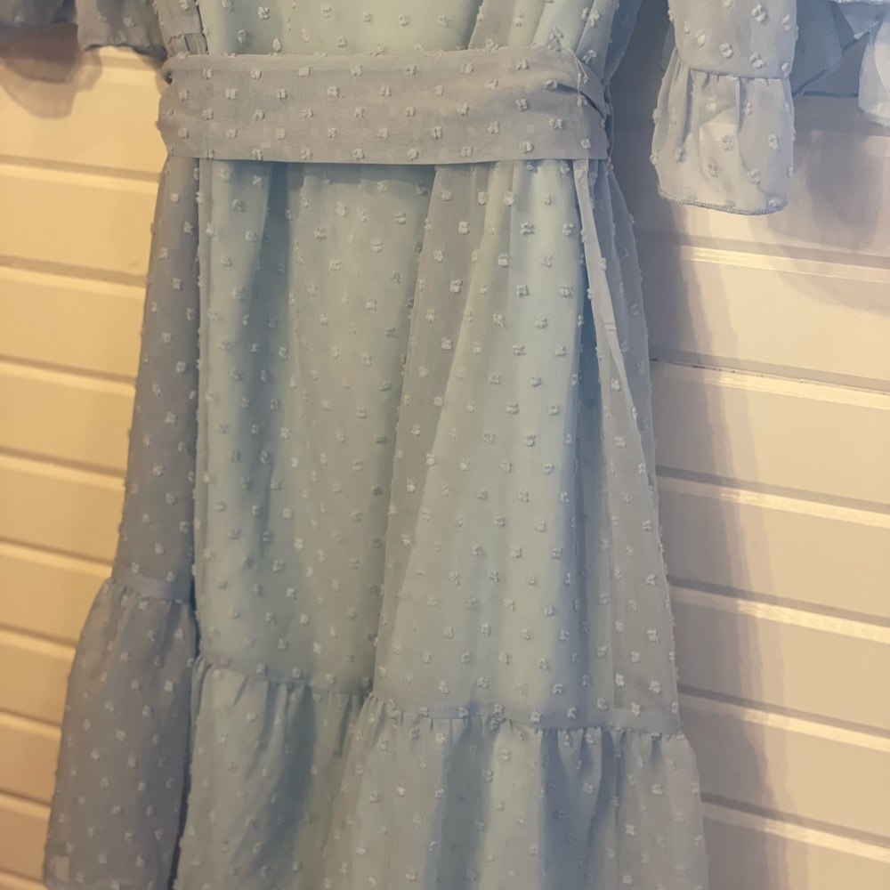 Women Dress Bell Short Sleeve Crew Neck Swiss Dot Chiffon A Line Belt Blue Med - Picture 7 of 7